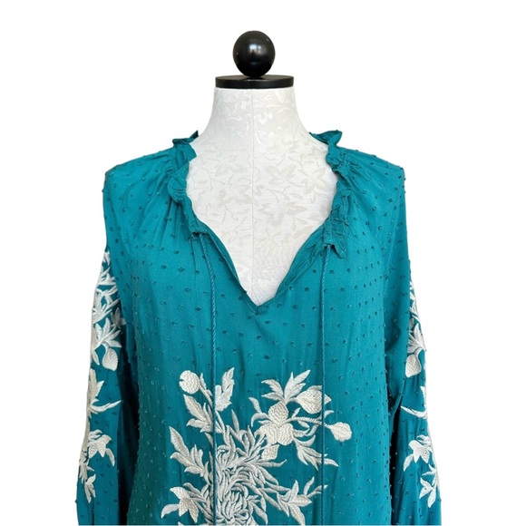 Solitaire Tunic Embroidered Peasant Blouse Turquoise Ruffled Neck Ties Size S - Picture 8 of 13